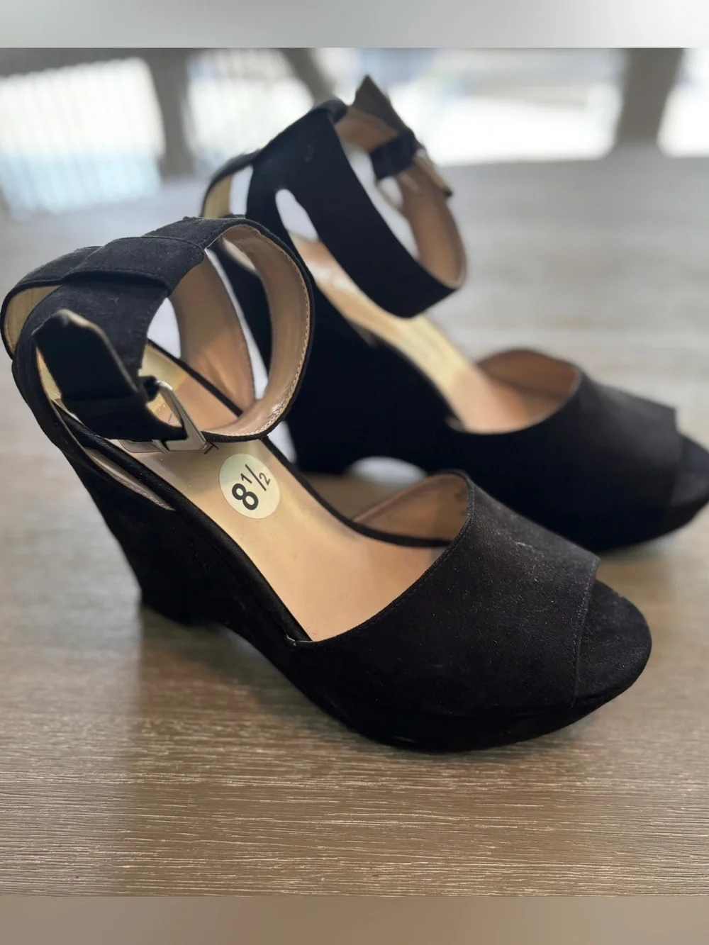 Nine West Black Suede Peep-Toe Wedge Sandals with Ankle Buckle